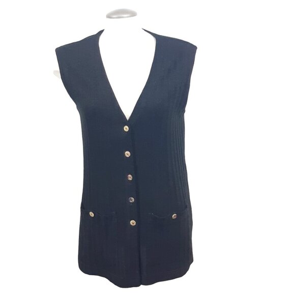 Womens Size 10 Vintage Longline Vest Ribbed Black Front Pockets Shell Buttons - Picture 1 of 5